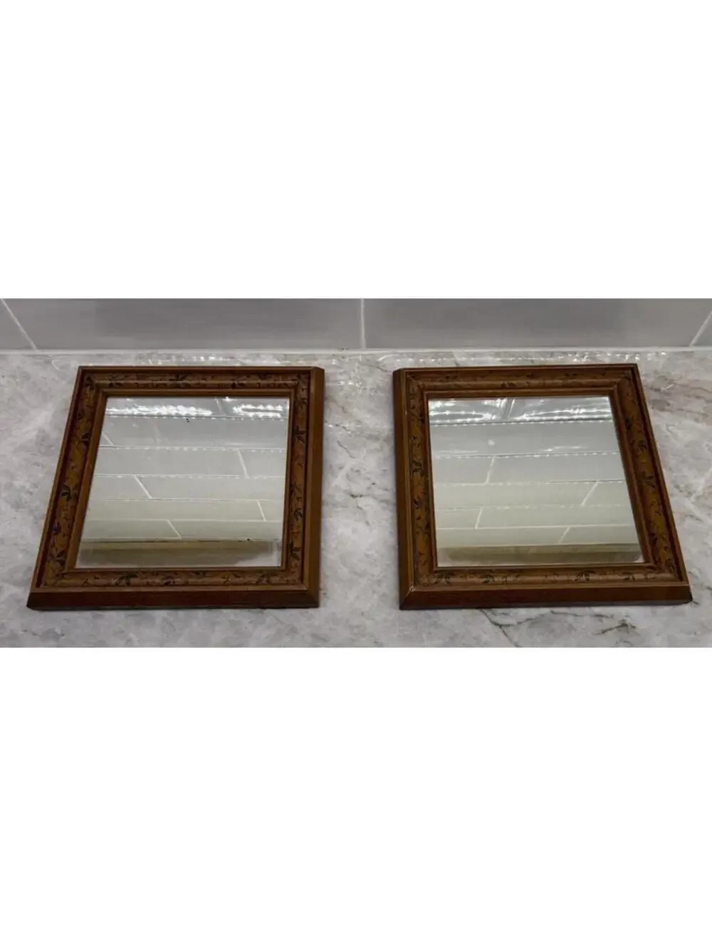 Pair Vintage Wood Framed Floral Vine Accent Wall Mirrors